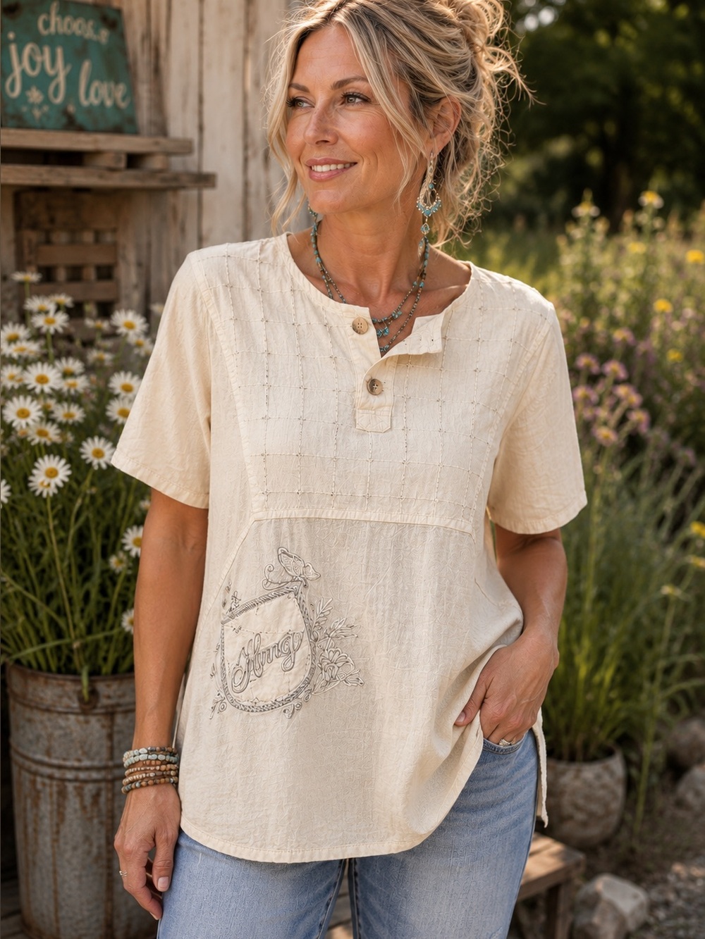Khongling Jian Cream Embroidered Boho Tunic Top L Cottagecore Boutique